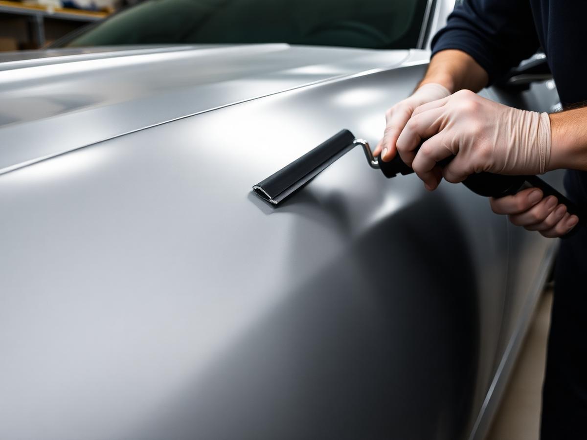 Vehicle wrap film being applied by hand